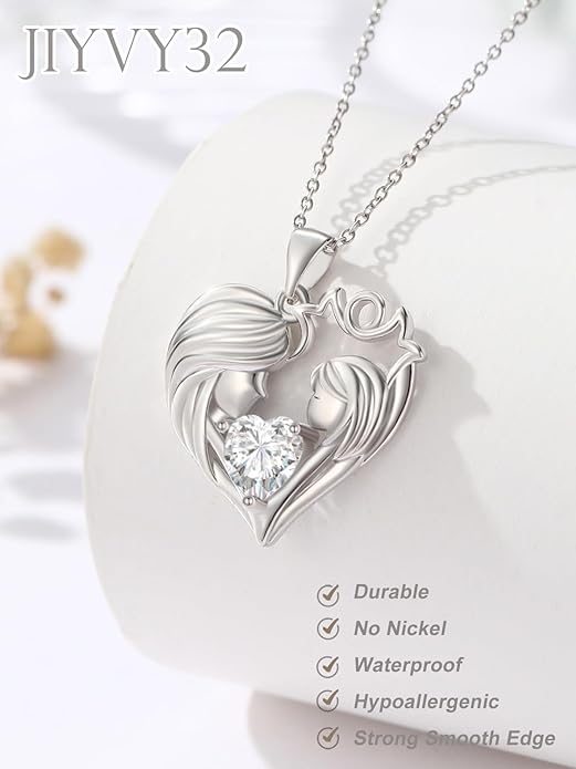 Mother and Daughter/Son Love Heart Necklace White Gold/14K Gold/Rose Gold Birthstone Jewelry Christmas Mothers Day Birthday Gifts For Mom Wife Grandma Women
