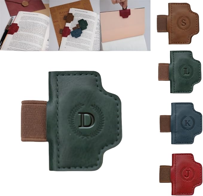 Personalized Magnetic Bygone Mark Bookmark with Pen Holder, 26 Letters Name Initial Custom Leather Book Mark for Women, Gifts for Book Lovers and Readers (Green,D)