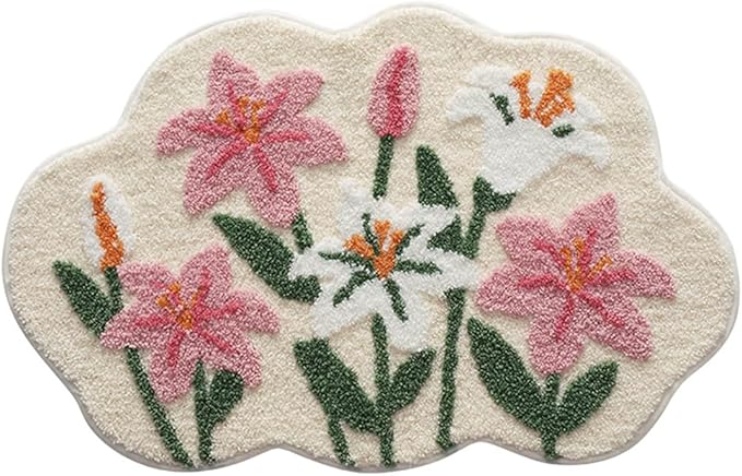 Ankah Shower Rug Bath Mat Forest Series Cartoon Design Bathroom Rug, Fluffy, Soft, Non-Slip, Durable, Absorbent Bath Rug, Irregular Plant Shaped Door Mat and Carpet, 19.7" x 31.5", Lily