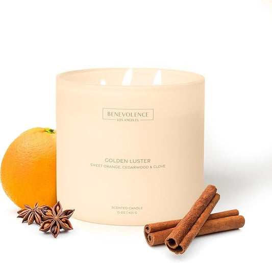 Orange, Cedarwood & Clove – Benevolence LA Large 3-Wick Scented Candle for Home | 15oz, 50-Hour Burn | Soy Wax, Cotton Wicks | Gift Ideas for Women | Malibu Sands Collection