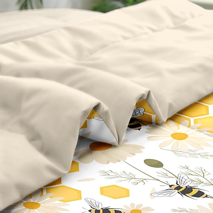 Comforter Set Full Size, Bees Honey Flower 7 Pcs Bedding for Kids and Adults, Spring Floral Summer Bed Sheet Sets with Fitted Sheet 2 Pillowcases & 2 Shams for Bedroom Bed Decor