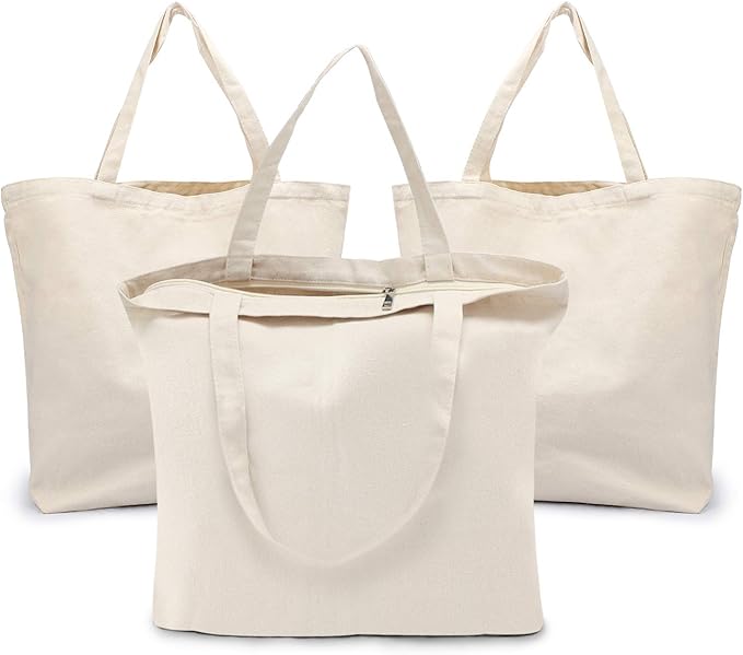 Segarty Blank Tote Canvas Bag with Zipper, 3pcs 19.7x15.7 inch Bags with Handles, 12oz Heavy Duty Reusable Washable Grocery Shopping Bags Plain Bags for Teacher DIY Art Craft Paint Embroidery
