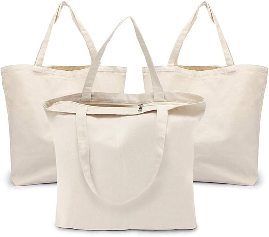 Segarty Blank Tote Canvas Bag with Zipper, 3pcs 19.7x15.7 inch Bags with Handles, 12oz Heavy Duty Reusable Washable Grocery Shopping Bags Plain Bags for Teacher DIY Art Craft Paint Embroidery