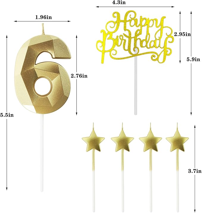 Golden Number 60 Birthday Candles and Star Birthday Candles 2.76 inch Birthday Cake Candles 3D Diamond Shaped Candles are Suitable for Birthday Parties and Anniversary Cake Decorations Candles