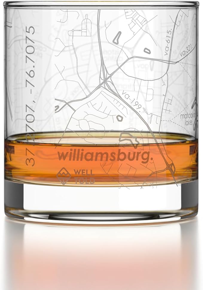 Well Told Engraved Williamsburg Virginia Map Rocks Glass, Old Fashioned Glassware (11 oz, Clear) Etched Bourbon Tumbler, Gifts For Whiskey Lovers