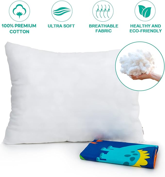 Cottonblue Toddler Pillow, Kids Pillows for Sleeping 14 x 19 Inches, Kids Pillow with Soft Cotton Pillowcase, Machine Washable, Perfect for Travel Toddlers Cot, 2 Pack, Blue Dinosaur