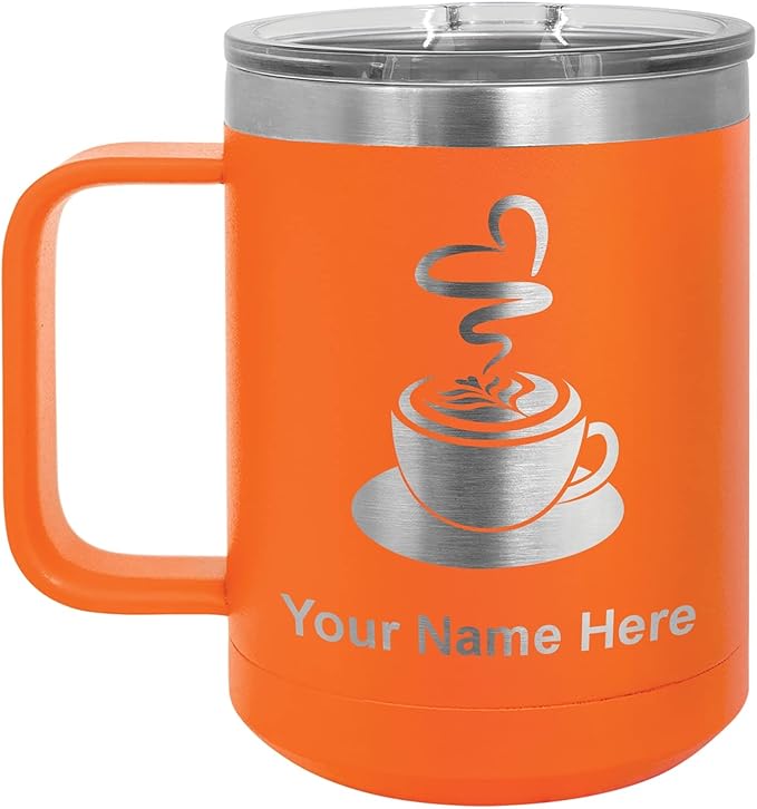 LaserGram 15oz Vacuum Insulated Coffee Mug, Cup of Coffee, Personalized Engraving Included (Orange)