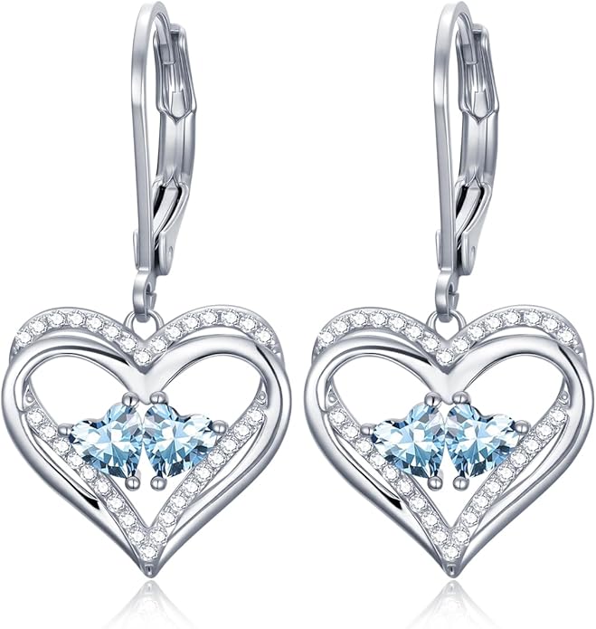 Heart Leverback Earrings Double Birthstone Dangle Earrings for Women, Love Jewelry for Her, Christmas Gifts for Women, Anniversary Birthday Gift for Mom Wife Girlfriend