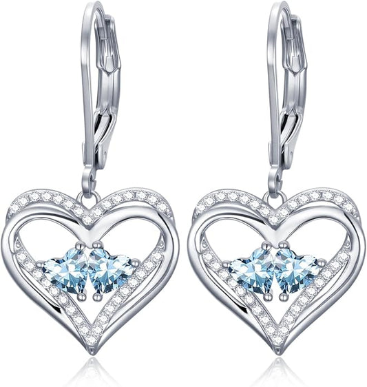 Heart Leverback Earrings Double Birthstone Dangle Earrings for Women, Love Jewelry for Her, Christmas Gifts for Women, Anniversary Birthday Gift for Mom Wife Girlfriend