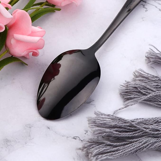 Black Unique Pattern Design Coffee Espresso Spoons Mini, Mingcheng Stainless Steel Small Teaspoons Silverware Set of 12, BISDARUN 5.5 Inches Food Spoons for Demitasse Dessert Tea