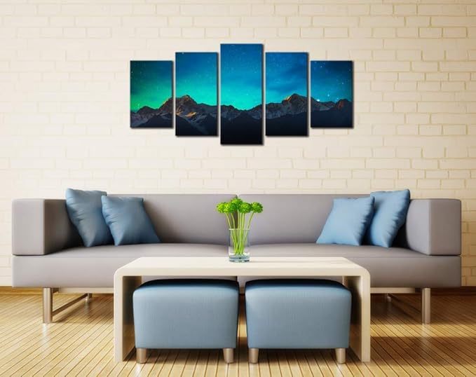 Wieco Art Canvas Wall Art Mount Cook and Lake Matheson New Zealand with Milky Way Modern 5 Piece Canvas Artwork Starry Night Pictures for Bedroom Kitchen Living Room Wall Decor Home Decorations