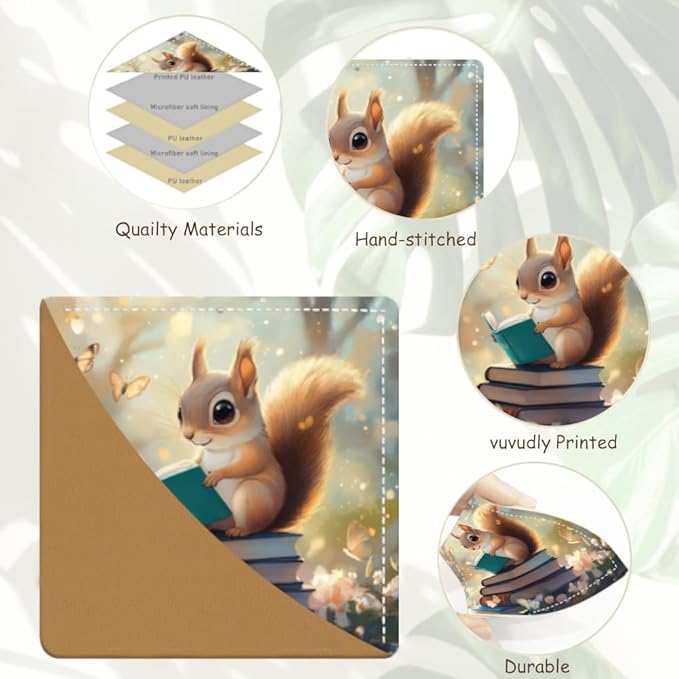 2PCS Leather Bookmarks 3.54 x 3.54 Inch Spring Squirrel Reading with Blossoms Design Reading Accessories for Books Journals Bibles Travel Diary Students Teachers and Book Lovers Gift