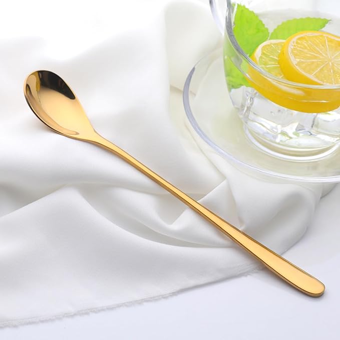Buyer Star 8-Inch Long Handle Iced Tea Spoons, Ice Cream Spoon, Stainless Steel Cocktail Stirring Spoons, Set of 8 (Gold)