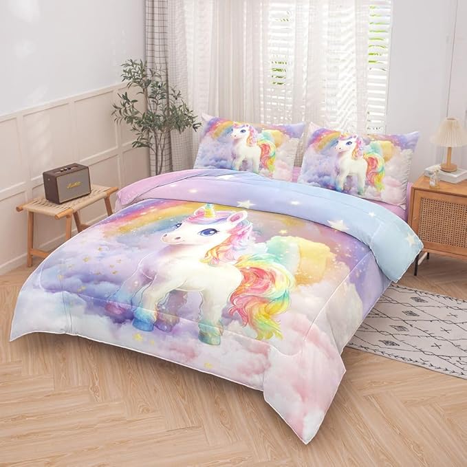 5PCS Unicorn Comforter Sets Queen,Queen Comforter Set for Girls,Cute Unicorn Bed Set for Kids,Girls,Teens,All Season Use