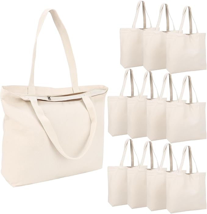 Segarty Canvas Tote Bag with Zipper, 12 Pack 16x13 Reusable Storage Bags for Women, Blank Canvas Tote Aesthetic with Natural Cotton Cloth, Shoulder Strap, Bulk for DIY, Grocery, Beach, Travel，Gift