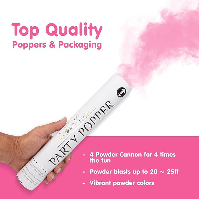 Clover Products Gender Reveal Confetti Poppers – Biodegradable Powder cannon - Pink, 4 Pack - Girl Smoke Bombs - Powder Cannon Party Poppers Pink Party Supplies- Includes FREE “It’s a Girl” Balloon