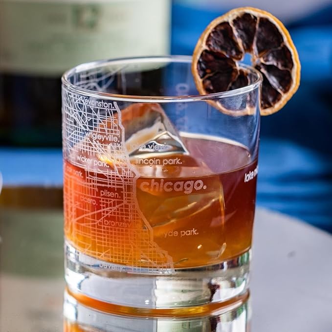 Well Told Engraved Chicago Illinois Map Rocks Glass, Old Fashioned Glassware (11 oz, Clear) Etched Bourbon Tumbler, Gifts For Whiskey Lovers
