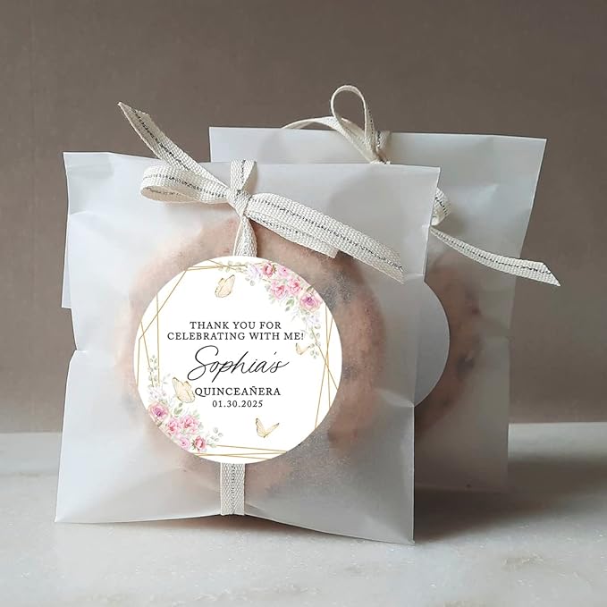 Andaz Press 40-Pack Personalized 2" Round Circle Quinceañera Labels Butterflies & Florals Custom Thank You for Celebrating with Me Sticker Labels for Quince 15th Birthday Favors, Decorations