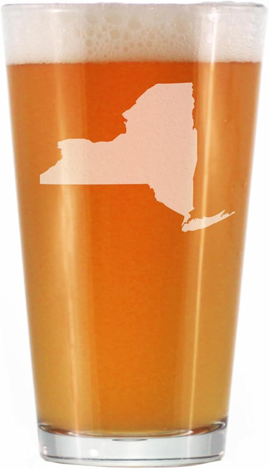 Bevvee New York State Outline Pint Glass for Beer - State Themed Drinking Decor and Gifts for New Yorker Women & Men - 16 Oz Glasses