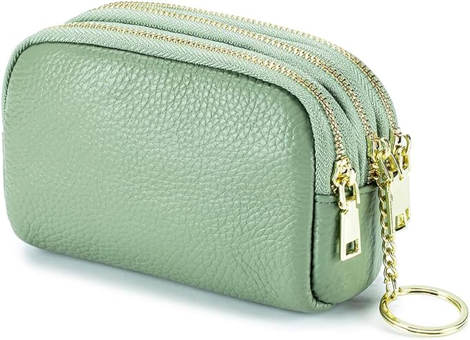 LINNO 3 Zippered Genuine Leather Coin Purse Triple Capacity Change Pouch Little Travel Wallet With Key Ring for Women