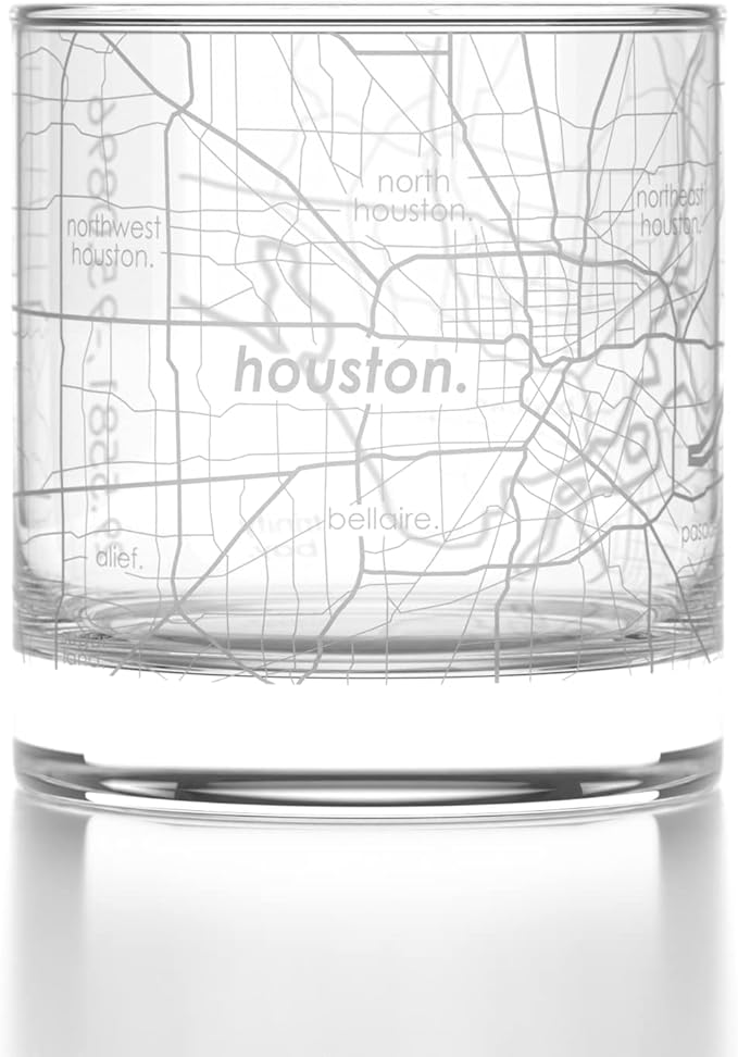 Well Told Engraved Houston Texas Map Rocks Glass, Old Fashioned Whiskey Glass (11 oz, Clear) Etched Whiskey Glass, Gifts For Whiskey Lovers