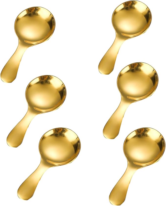 6 Pcs Stainless Steel Short Handle Thickened Small Round Spoons For Honey Candy Tea Salt Jam and Mustard - Ice Cream Dessert Spoon (E Yellow)