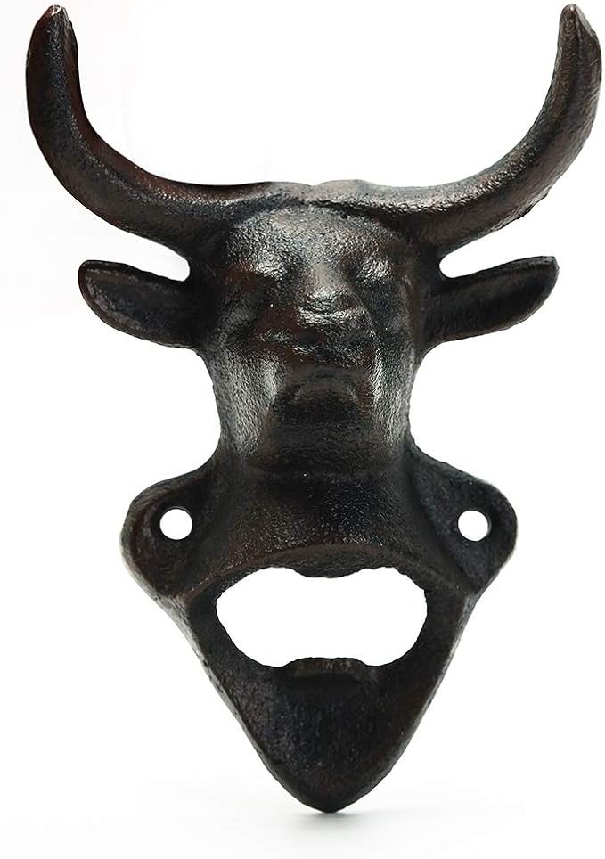 Sungmor Wall Mounted Bottle Opener, Cast Iron Cool Bull Head Bottle Opener, Beer Coke Beverage Bottle Cap Opener, Vintage Rustic Style Wall Hanging Opener, Bar Farmhouse Wall Ornament, Practical Gift