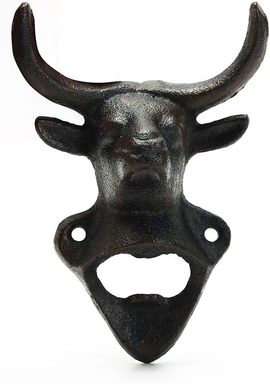 Sungmor Wall Mounted Bottle Opener, Cast Iron Cool Bull Head Bottle Opener, Beer Coke Beverage Bottle Cap Opener, Vintage Rustic Style Wall Hanging Opener, Bar Farmhouse Wall Ornament, Practical Gift