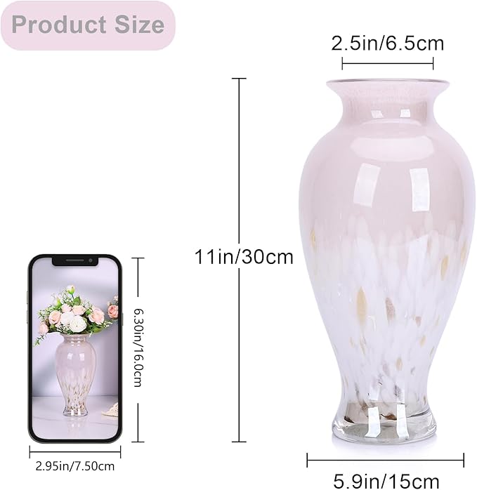 Hand Blown Glass Vase 11.8" Tall Beautiful Pink Sea Wide Mouth Bud Vase for Table Centerpiece, Painted Colorful Murano Glass Flower Vases for - Home Entrance Wedding Center