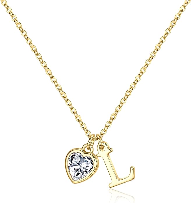 Turandoss Valentines Day Gifts for Her Trendy, Dainty 14K Gold Plated Initial A-Z Heart Birthstone Pendant Necklace Personalized Bridesmaid Birthday Valentines Jewelry Gifts for Women Girls