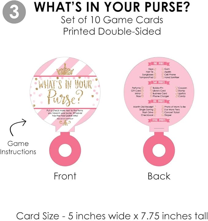 Big Dot of Happiness Little Princess Crown - 4 Pink and Gold Princess Baby Shower Games - 10 Cards Each - Who Knows Mommy Best, Mommy or Daddy Quiz, What’s in Your Purse and Oh Baby - Gamerific Bundle