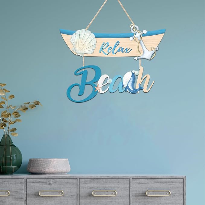 CHDITB Beach Theme Wooden Sign, Nautical Shell Anchor Summer Wooden Hanging Plaque, Relax Beach Front Door Sign Decor, Coastal Boat Beachy Wall Art Sign Hanger For Living Room, Bedroom, Office Coastal Room Decor