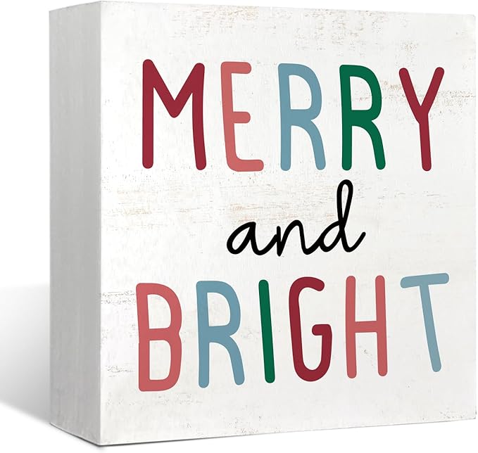 Mtrgdn Pastel Christmas Decoration for Home, Merry and Bright Xmas Wooden Box Sign Decor, Xmas Holiday Gifts, Merry Christmas Rustic Home Bedroom Bathroom Shelf Desk Decoration 5x5