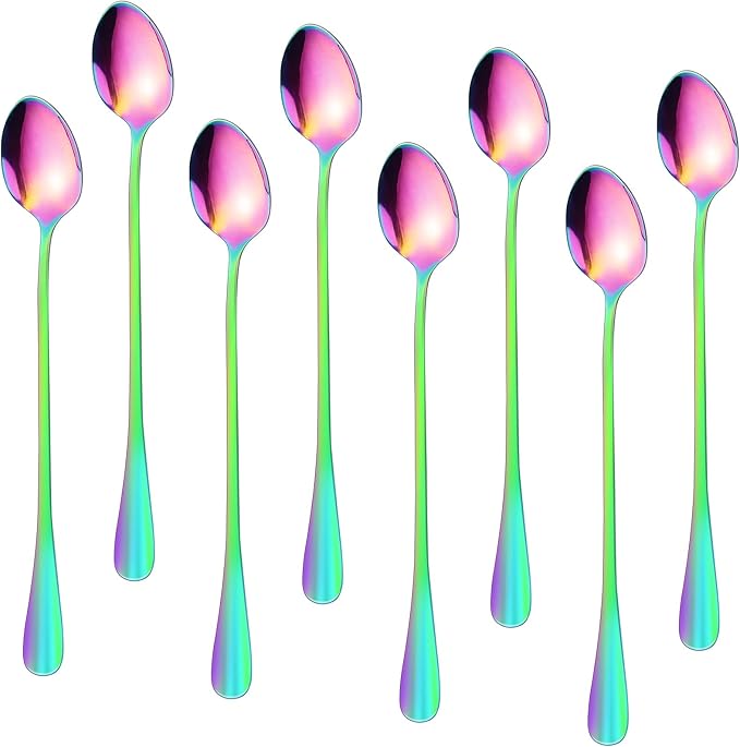 8 Pcs Long Handle Spoons,Satainless Steel Tea Spoons,Ice Cream Spoon,Long Coffee Spoon for Mixing Cocktail Stirring Tea Cold Drink Milkshake Dessert (Colorful)