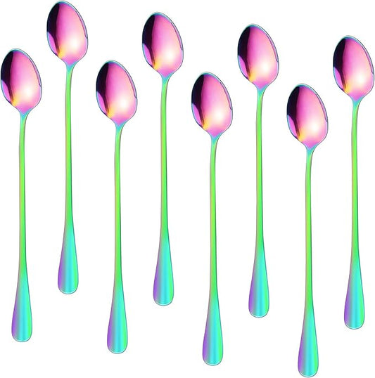 8 Pcs Long Handle Spoons,Satainless Steel Tea Spoons,Ice Cream Spoon,Long Coffee Spoon for Mixing Cocktail Stirring Tea Cold Drink Milkshake Dessert (Colorful)
