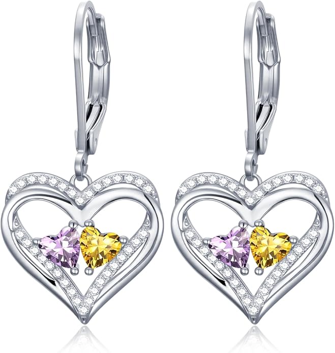 Heart Leverback Earrings Double Birthstone Dangle Earrings for Women, Love Jewelry for Her, Christmas Gifts for Women, Anniversary Birthday Gift for Mom Wife Girlfriend