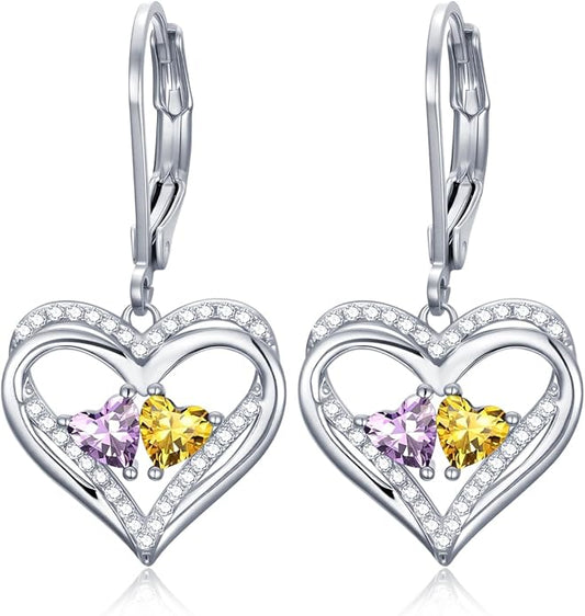 Heart Leverback Earrings Double Birthstone Dangle Earrings for Women, Love Jewelry for Her, Christmas Gifts for Women, Anniversary Birthday Gift for Mom Wife Girlfriend