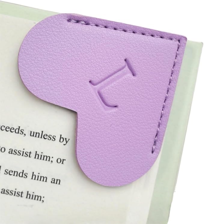 MOTEERLLU Personalized Leather Heart Bookmark with Initials, Handmade, Letter Cute Custom Corner Book Marks for Reading Women, Teachers, Students, Book Lovers, Book Accessories(Purple,L)