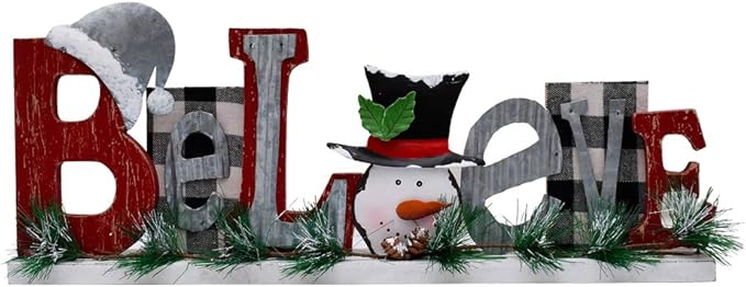 E-View Wooden Snowman Believe Sign, Classic Red Christmas Decor, Tabletop Sign for Home, Shelf, Fireplace, Mantel