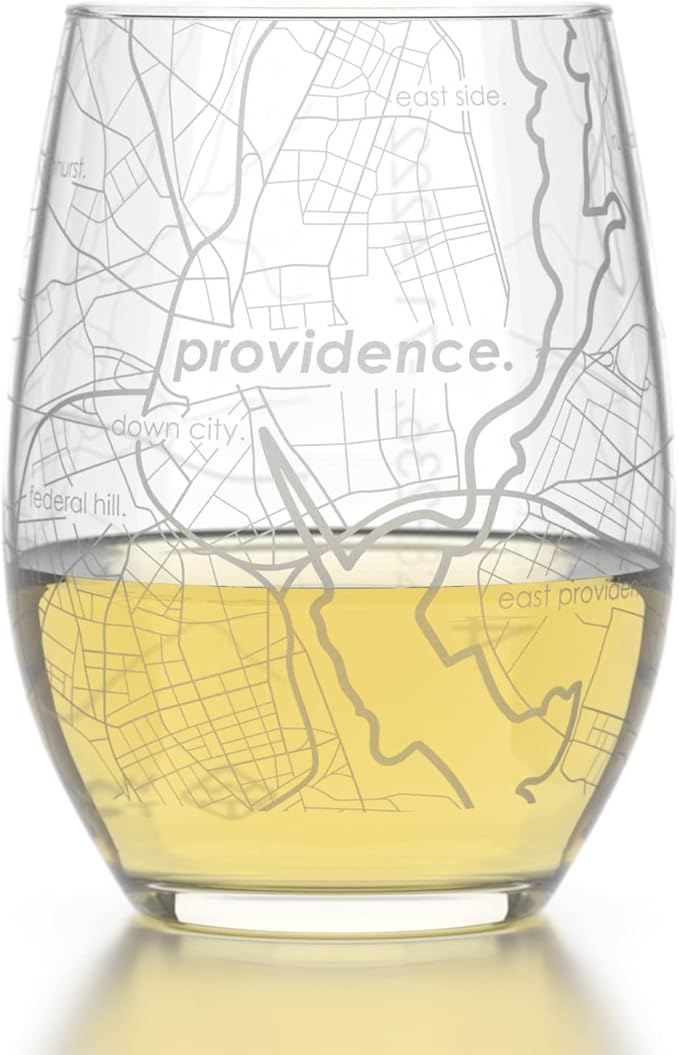 Well Told Engraved Providence Rhode Island Map Stemless Wine Glass, Etched Glass (15 oz, Clear) City Custom Gifts for Lovers