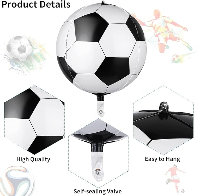 22 Inch 4D Soccer Foil Balloons, 6Pcs Soccer Party Decorations Football Shape Mylar Foil Balloons Sport Decor for Boys Kids Soccer Ball Fans Theme Birthday Party Decorations Supplies