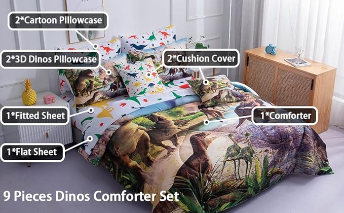 Dinosaur Bedding Twin Comforter Set for Boys Comforter Set, Dinosaurs Bed in a Bag, 9 Piece Dinosaur Bedding Sheets Sets Twin Size, Soft Microfiber Kids Bed