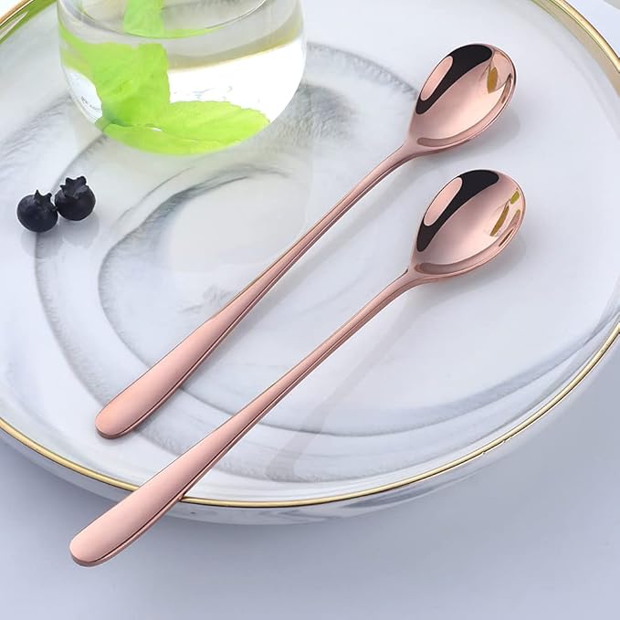 Buyer Star 8-Inch Long Handle Iced Tea Spoons, Ice Cream Spoon, Stainless Steel Cocktail Stirring Spoons, Set of 8 (Rose Gold)