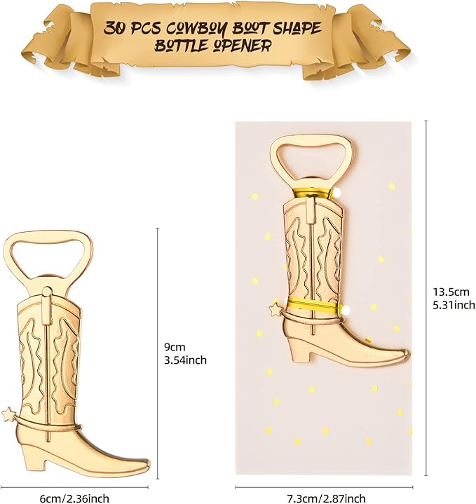 30PCS Cowboy Boots Bottle Openers for Favors，Gifts，Decorations or Souvenirs to Guests at Wedding，Baby Shower or Bridal shower Party