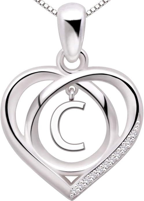 ALOV Jewelry Sterling Silver Initial Letter Alphabet Love Heart Cubic Zirconia Pendant Necklace