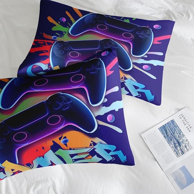 Comforter Set Full Size, Game Graffiti 7 Pcs Bedding for Kids and Adults, Neon Geometric Gaming Bed Sheet Sets with Fitted Sheet 2 Pillowcase & 2 Sham for Bedroom Bed Decor