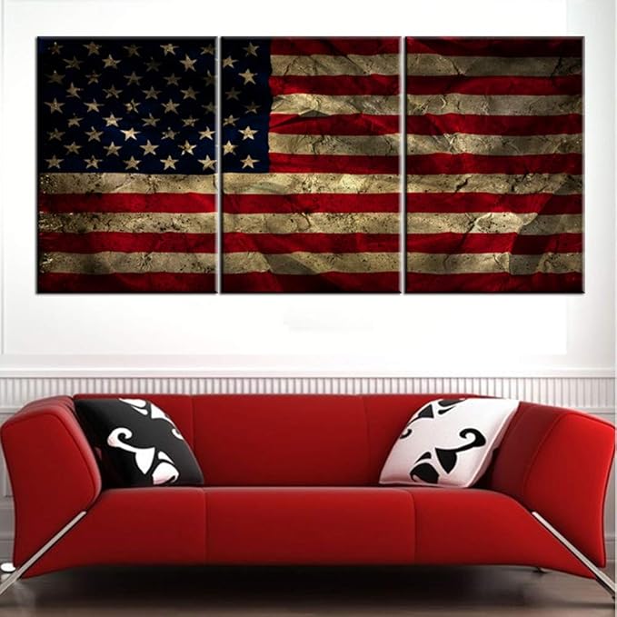 American Flags Retro Pictures Stars Striped Grunge Paintings for Living Room 3 Panel Canvas Prints Wall Art Freedom Symbol Artwork House Decoration Framed Gallery-Wrapped Ready to Hang(48''Wx24''H)