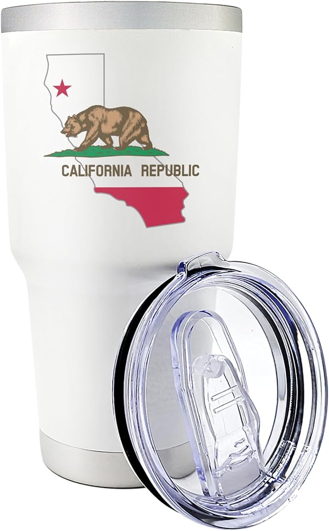 Premium 30 oz California White Tumbler with Slider Lid – Insulated Stainless Steel with California Flag and Map - for California Gifts, Souvenirs, Moving to California gift, and California Pride