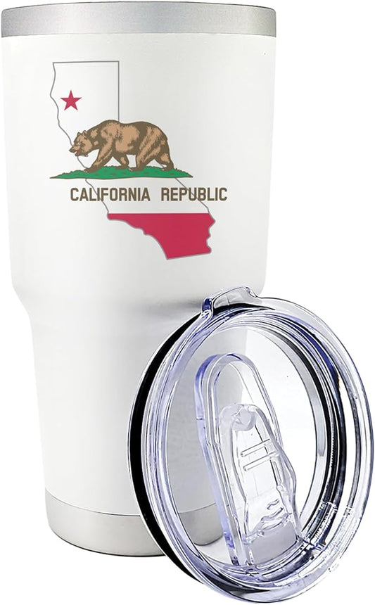 Premium 30 oz California White Tumbler with Slider Lid – Insulated Stainless Steel with California Flag and Map - for California Gifts, Souvenirs, Moving to California gift, and California Pride
