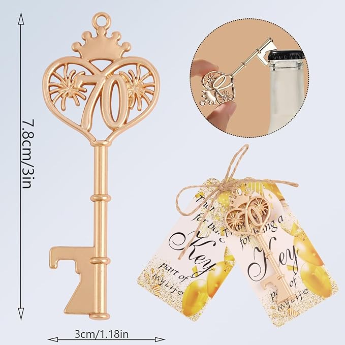 70 Birthday Party Favors Key Bottle Opener, 70th Beer Opener Keychain Favors for Guest with Organza Bags and Tags,Beer Keychain Bottle Openers for Birthday Party Decoration Supplies (gold-70)